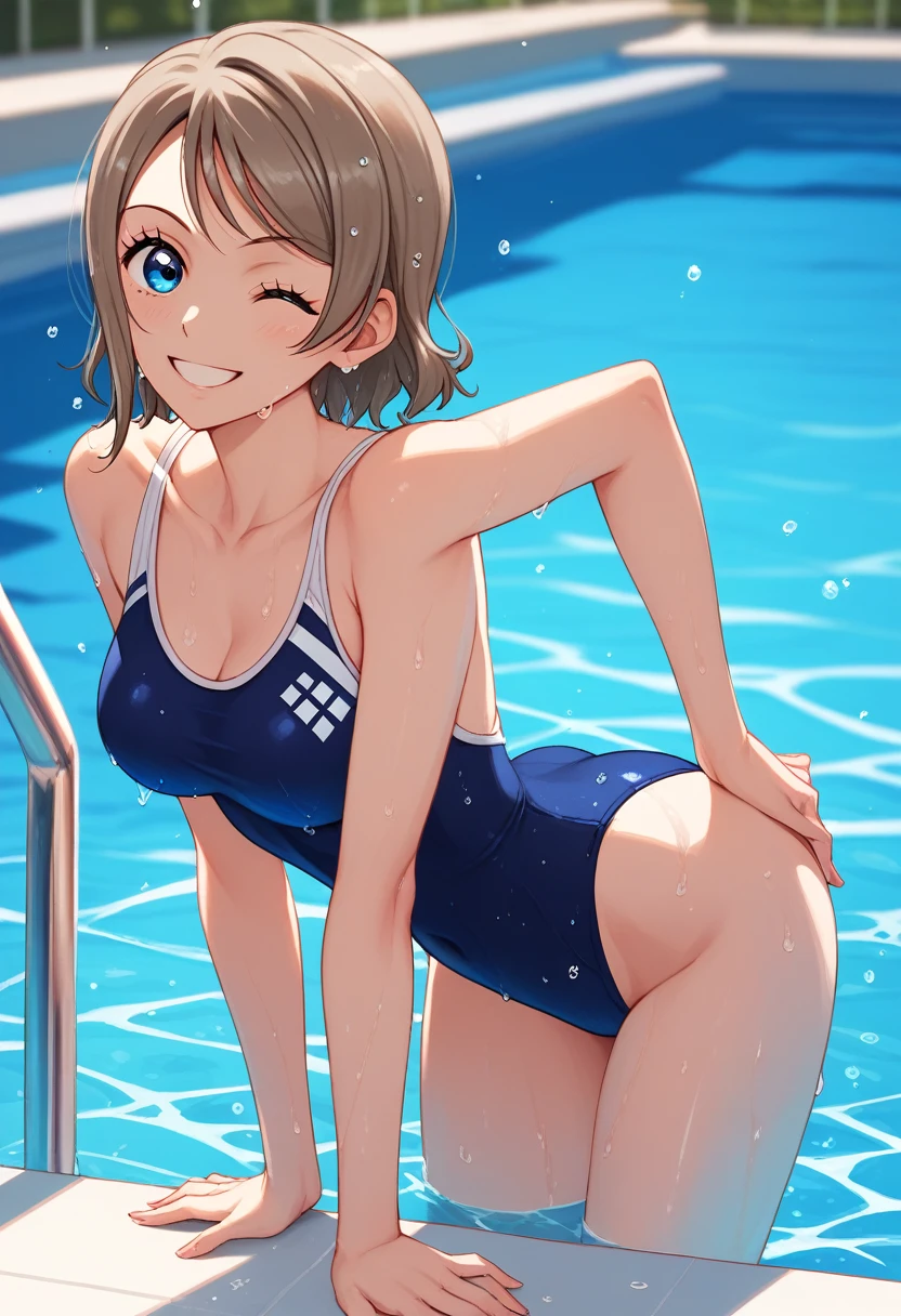 (masterpiece), 8k wallpaper, alone, Watanabe Yo, Are standing, In-person audience,School corridor, Side bust,One piece swimsuit,Low cut at hips, blue eyes, Beautiful and exquisite face and eyes, Half body in the pool , Recall,Wet, (Shiny water droplets:1.2), smile , Leaning forward , Wedge Shape,Exposing her ass , Underarm, adjust,Wink