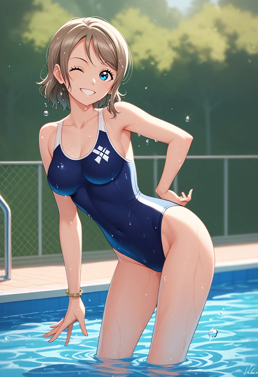 (masterpiece), 8k wallpaper, alone, Watanabe Yo, Are standing, In-person audience,School corridor, Side bust,One piece swimsuit,Low cut at hips, blue eyes, Beautiful and exquisite face and eyes, Half body in the pool , Recall,Wet, (Shiny water droplets:1.2), smile , Leaning forward , Wedge Shape,Exposing her ass , Underarm, adjust,Wink