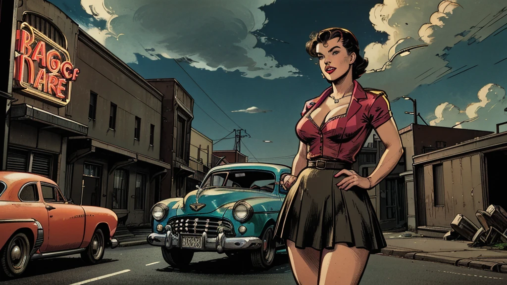 a 1950s female super-hero in an action pose, large breasts, short skirt, narrow waist, 1950s comic style, popping colors, contrast, detailed realistic cinematic scene, cinematic lighting, dramatic sky with clouds, abandoned vintage car, old-fashioned buildings, neon signs, 1950s era atmosphere, vibrant colors, hyper-realistic, 8k, ultra-detailed