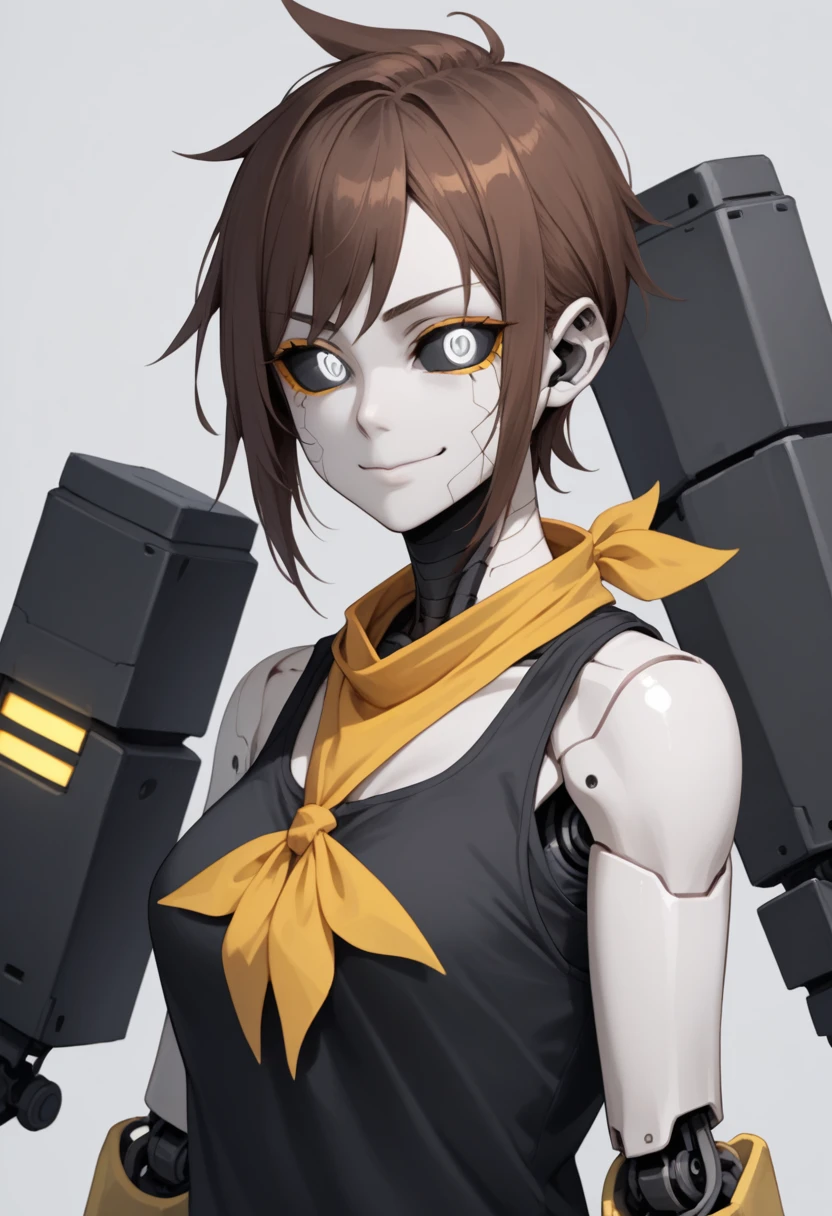 (Anime, 1girl, brown hair, grey eyes, dark punk clothes, black tank top, yellow bandana, portrait, Robot girl, Mecha, Android, joint limbs, robot joints, facial joints, metal pale skin, black sclera, no mouth, glowing eyes, no face, smug face, evil), score_9, score_8_up, score_7_up