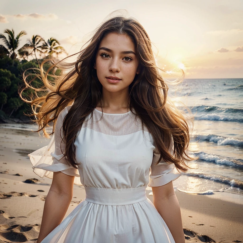 Create a very realistic and beautiful model with the following detailed features: Gender: Female, Age: Young adult (approximately 20-25 years old), Hair: Long, wavy and reddish with a natural shine, gently cascading around the shoulders and back back. . . . . . . . . . . . . . . , Eyes: Bright green with a captivating, slightly almond-shaped look, detailed with natural highlights, Skin: Fair complexion with a light texture, including natural freckles on the nose and cheeks, giving a youthful and vibrant appearance: Fair complexion with a light texture, including natural freckles on the nose and cheeks, giving a youthful and lively appearance, Face: with a smooth and natural contour, soft and full lips with a slight pinkish tint and a slightly delicate upturned nose, Expression : a sweet face, with a touch of mischief, which transmits warmth and accessibility,
Clothing: in a white dress and sunglasses, wearing a white dress, a white dress, a white dress, a white dress and glasses, a simple white dress, a silky white dress, fashionable white clothes, a Girl in white dress, wears white clothes, Girl in white dress, smooth white bodycon dress, wears elegant outfit, haute couture chic, All white,
a realistic scene featuring a woman riding a horse on a beach, She sits gracefully in the saddle in a relaxed posture, her hands gently holding the reins. The horse, a majestic brown stallion with a smooth, shiny coat, trots along the shore, its mane flowing in the wind, The scene takes place at sunset, with the sky painted in warm hues of aesthetic orange, Unsplash, Neoclassicism , Complex background, Best quality, hyper detailed, Gratty Sita, 64K, Light design