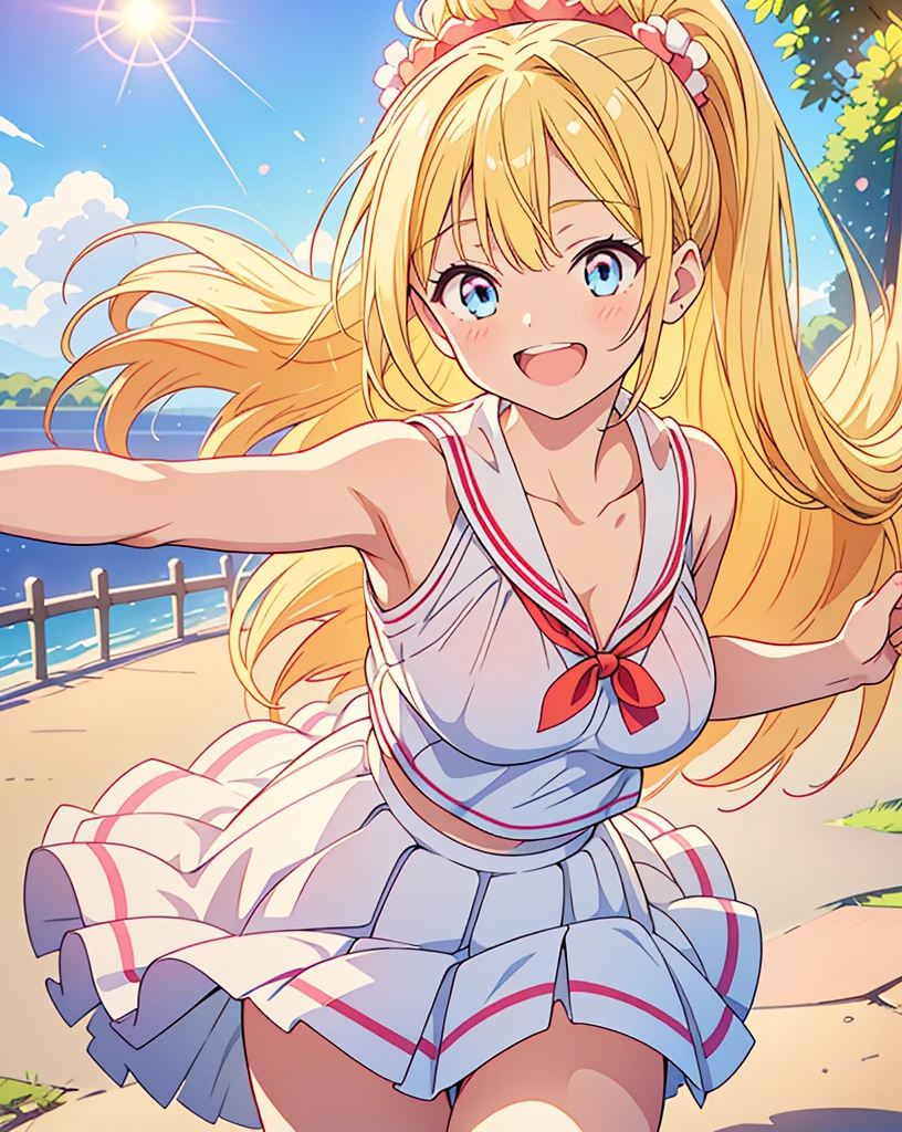(Highest quality, 32K, High resolution, Masterpiece:1.5, ), One Girl, Cute anime-style illustrations, god々It has a brilliant and healing power., , Expressing emotions, Have a rich imagination, Cute Japanese Girls, Perfect Human Anatomy, Big light blue eyes, Motherhood and generosity, Deep Love, ((Energetic smile:1.6)), ((shiny blonde hair:1.2)), Ponytail swaying in the wind, Asymmetrical bangs, Hair between the eyes, Transparent, soft white skin, Sharp eyebrows, Thin lashes, Natural Makeup, Cheek highlighter, Detailed and cute lips, (Cheerleader Costumes:1.2), (Pink pleated skirt:1.2), ((Red pompons:1.2)), Slim figure with ample breasts, Beautifully detailed skies, ((The summer sunshine pouring down:1.2)), god秘的