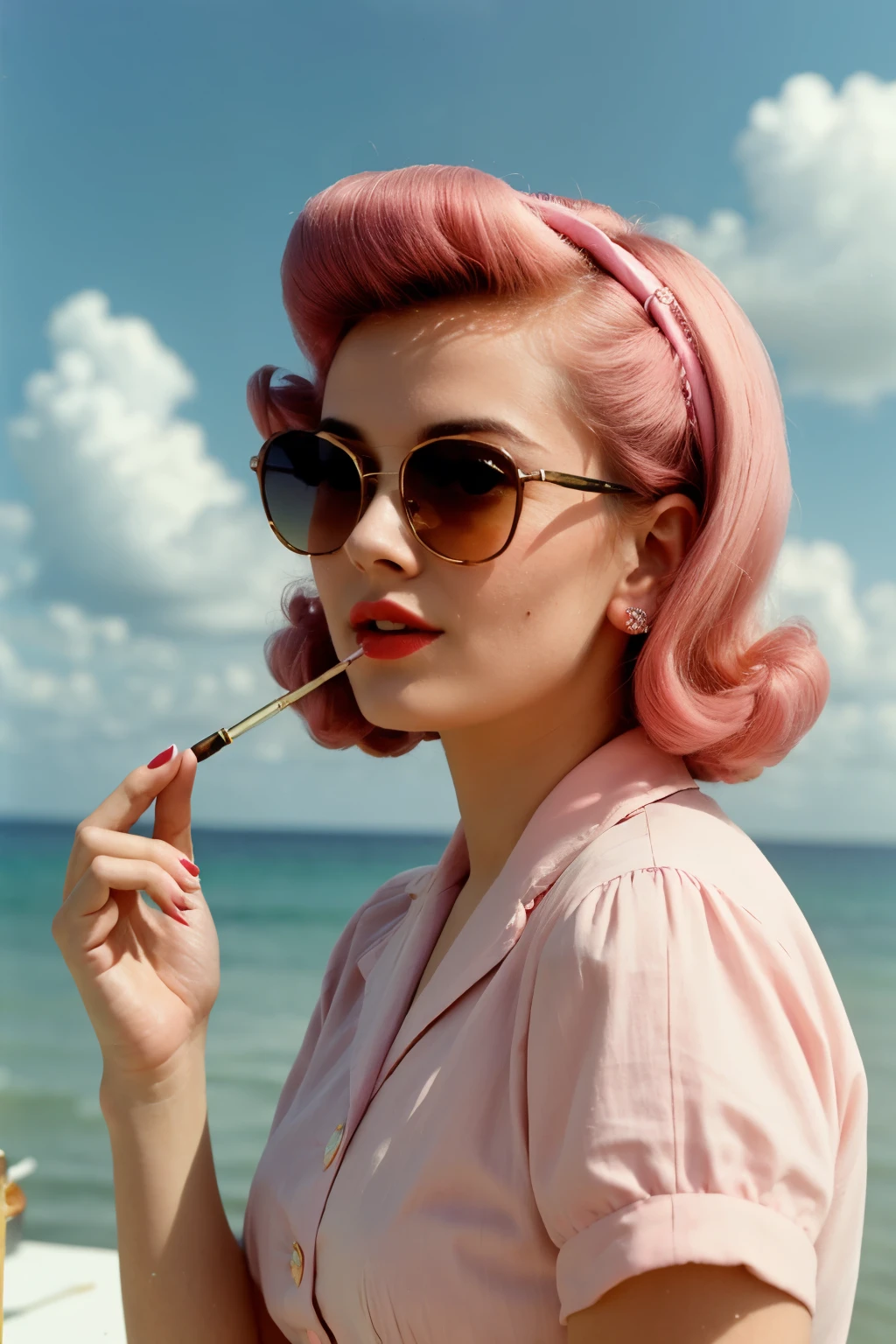 ((best quality)), ((masterpiece)), (detailed), 1950s young woman wearing cats eye sunglasses smoking a joint and with a large beehive pink hairstyle, pastel colours and dreamy clouds in the background