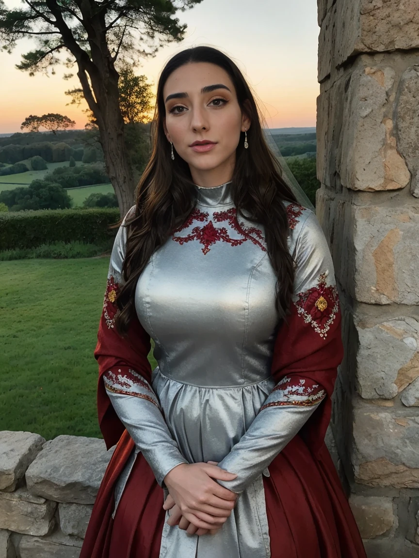 Beautiful and regal, imperious and aloof, busty athletic (thin) brunette queen with sharp facial features wearing a modest updo, dark red medieval dress, long sleeves, intricate patterns, embroidery, wide neck, crown, veil, long dress, tight bodice, (silver waist chain), medieval jewelry, Middle Ages, castle, rampart, wall, exterior, on top of a castle wall, trees, countryside, evening, sunset.