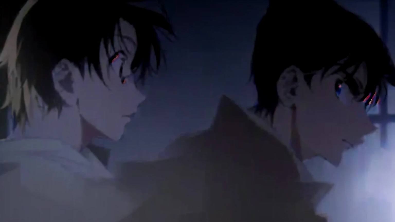 masterpiece, Highest quality, (Highly detailed CG Unity 8K wallpapers), (Highest quality), (Best illustrations), (Best Shadow), Unreasonable, Realistic lighting, (abyss), Anime scene with two people in a dark room with a beautiful glowing window, Shinji, Levi Ackerman, shinichi sakamoto, Gore anime screenshot, ( ( ( yoh yoshinari ) ) ), Shinji ikari, Anime movie screenshots, makoto shinkai and (Cain Kuga), yukio - e, In anime movies