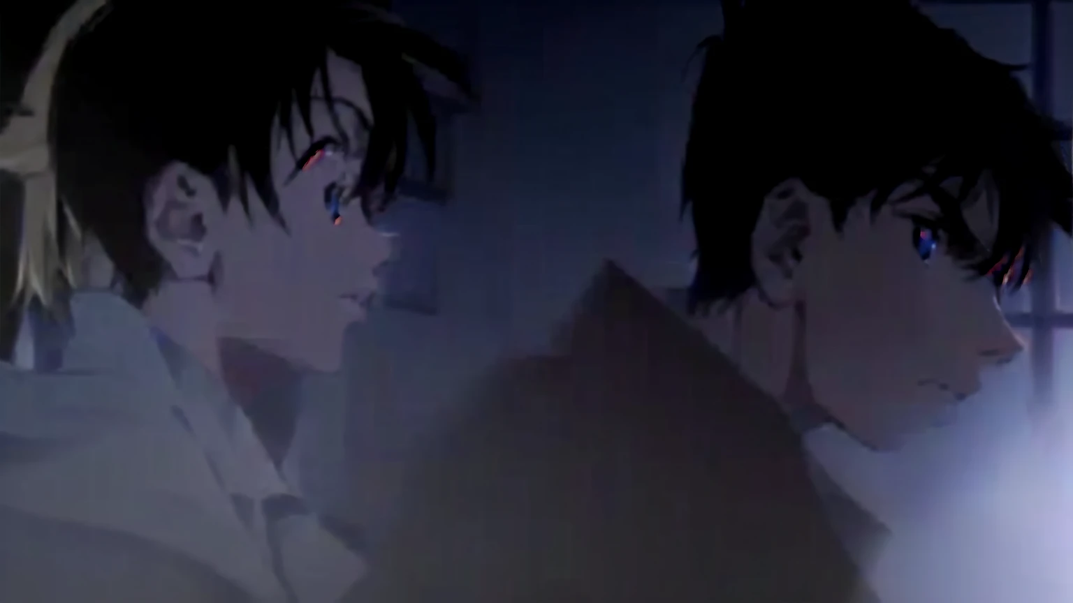 masterpiece, Highest quality, (Highly detailed CG Unity 8K wallpapers), (Highest quality), (Best illustrations), (Best Shadow), Unreasonable, Realistic lighting, (abyss), Anime scene with two people in a dark room with a beautiful glowing window, Shinji, Levi Ackerman, shinichi sakamoto, Gore anime screenshot, ( ( ( yoh yoshinari ) ) ), Shinji ikari, Anime movie screenshots, makoto shinkai and (Cain Kuga), yukio - e, In anime movies