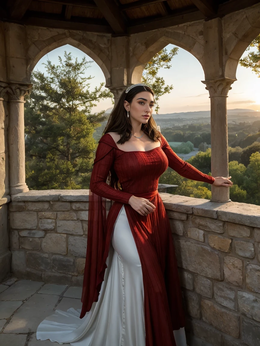 Gorgeous and sultry busty athletic (thin) brunette queen with sharp facial features wearing a modest updo, dark red medieval dress, long sleeves, intricate patterns, scrollwork, wide neck, crown, veil, long dress, modest dress, tight bodice, silver belt, (waist chain), medieval jewelry, Middle Ages, castle, rampart, wall, exterior, on top of a castle wall, trees, countryside, evening, sunset.