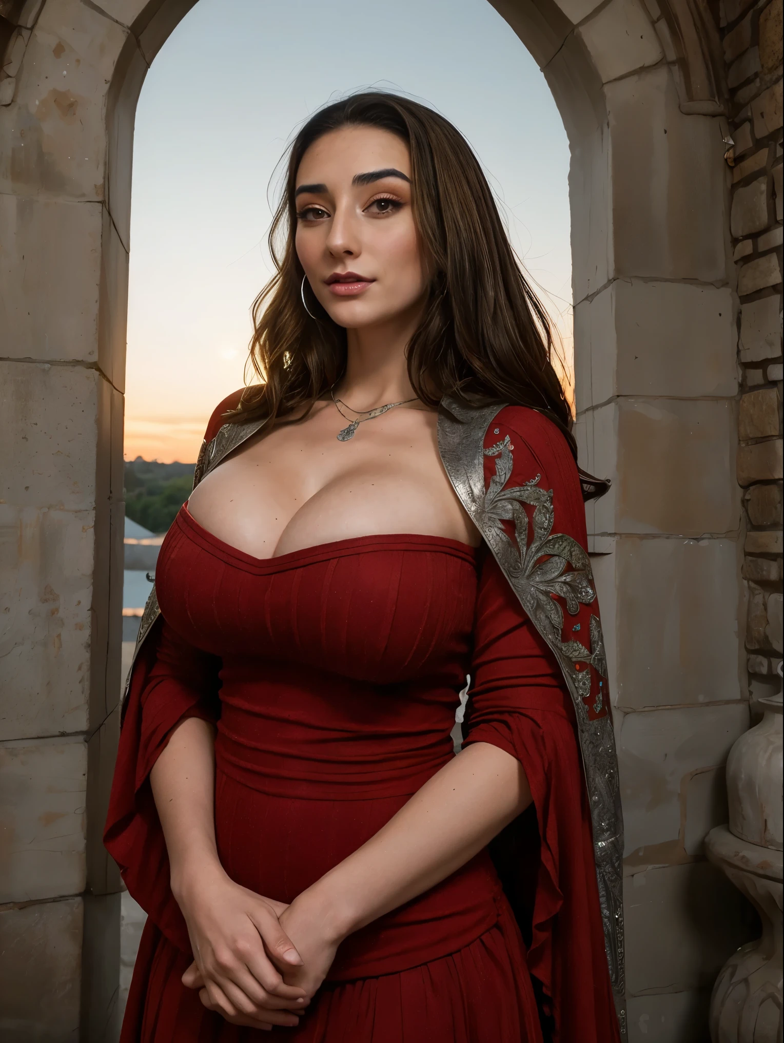 Gorgeous and sultry busty athletic (thin) brunette queen with sharp facial features wearing a modest updo, dark red medieval dress, long sleeves, intricate patterns, scrollwork, wide neck, crown, veil, long dress, tight bodice, (silver waist chain), medieval jewelry, Middle Ages, castle, rampart, wall, exterior, on top of a castle wall, trees, countryside, evening, sunset.