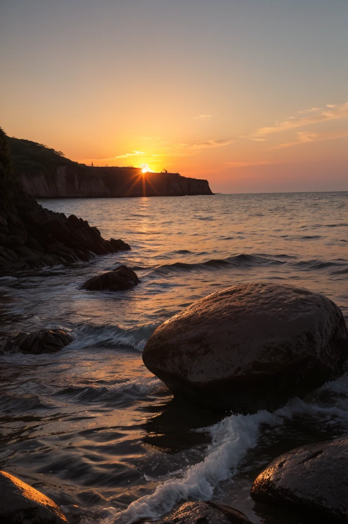 Sunset seen from behind a rock