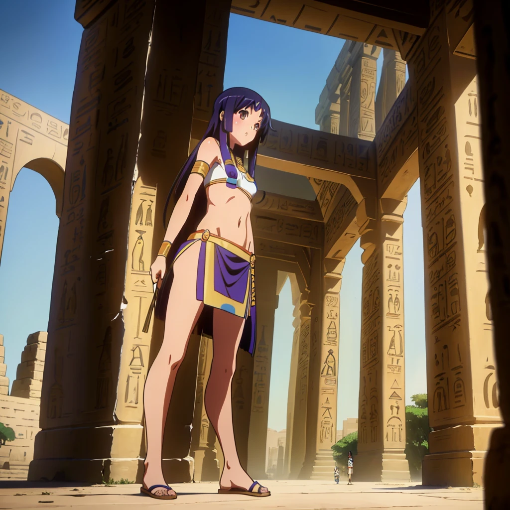 かわいいAncient Egyptの15歳の女の子、Ancient Egypt、View of the Nile、A colorful view of the whole、whole body、Low - Angle、Standing posture、Reeds are growing、Ancient Egyptの船、Ancient Egyptの風景
