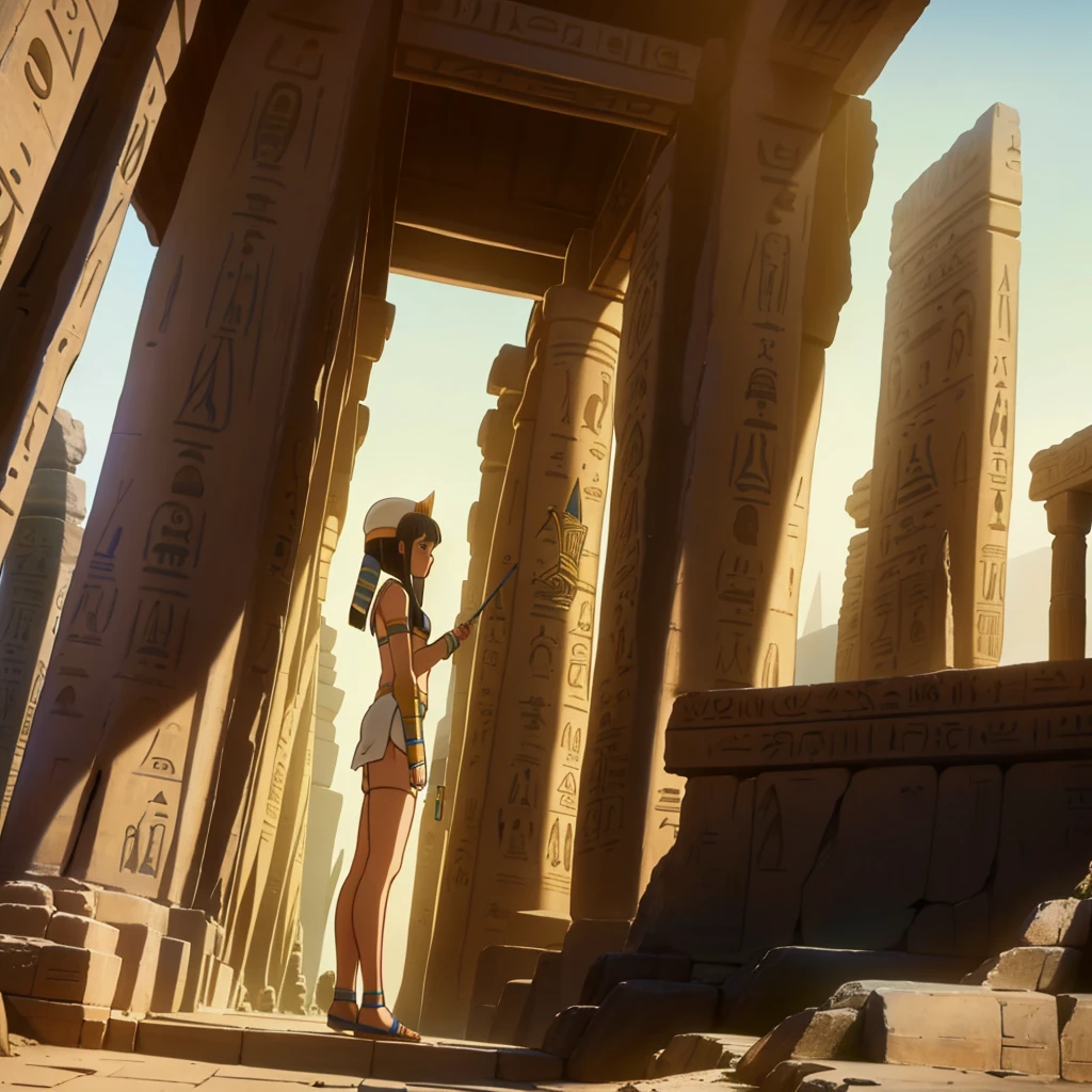 かわいいAncient Egyptの15歳の女の子、Ancient Egypt、View of the Nile、A colorful view of the whole、whole body、Low - Angle、Standing posture、Reeds are growing、Ancient Egyptの船、Ancient Egyptの風景
