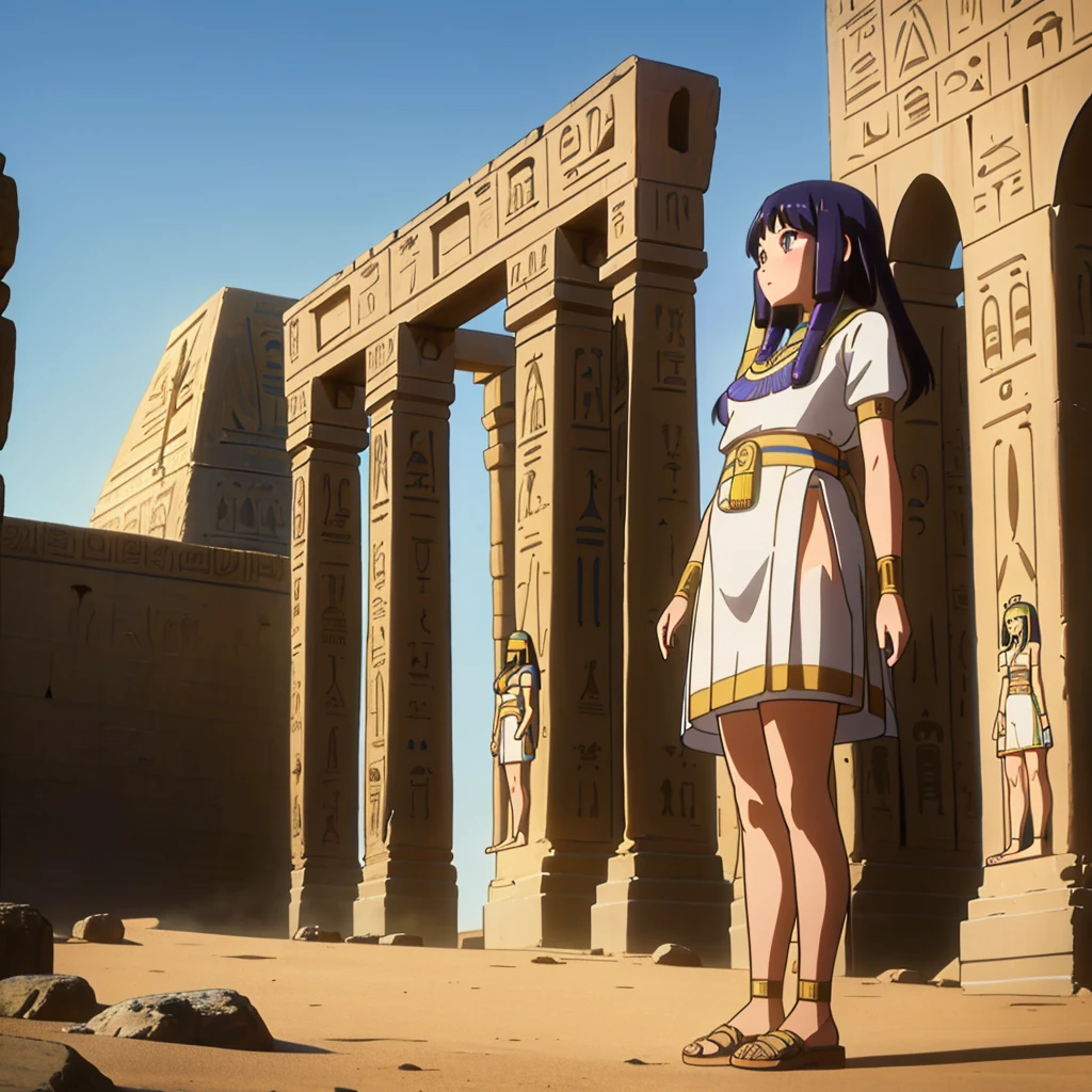 かわいいAncient Egyptの15歳の女の子、Ancient Egypt、View of the Nile、A colorful view of the whole、whole body、Low - Angle、Standing posture、Reeds are growing、Ancient Egyptの船、Ancient Egyptの風景
