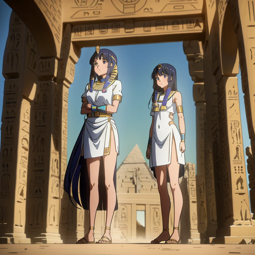 かわいいAncient Egyptの15歳の女の子、Ancient Egypt、View of the Nile、A colorful view of the whole、whole body、Low - Angle、Standing posture、Reeds are growing、Ancient Egyptの船、Ancient Egyptの風景
