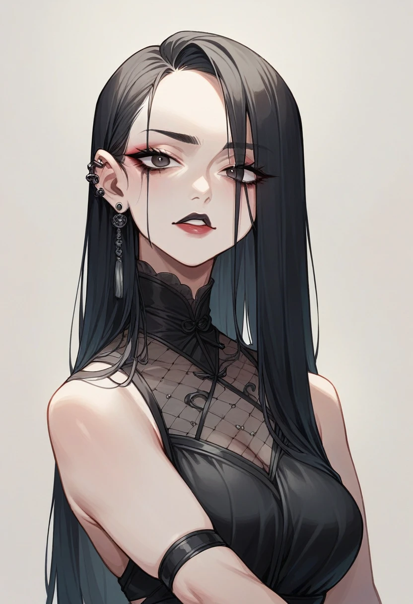 1girl, long hair, large breasts, (realistic:0.1), gothic, general, sensitive, see-through shirt, black outfit, inticate, makeup, eyeliner, eyeshadow, swept bangs, bangs, asymmetrical bangs, black hair, portrait,