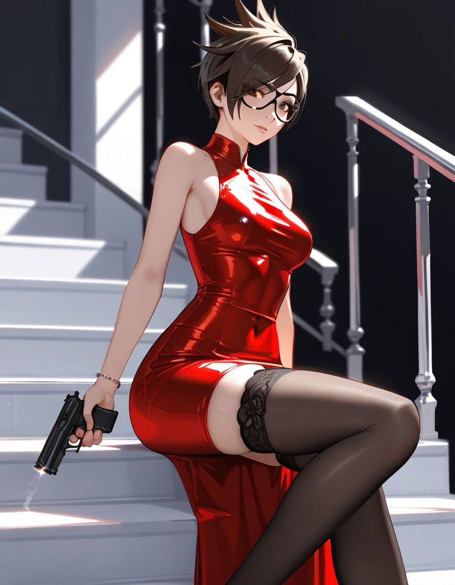 ada wong in a red dress and black stockings sitting on a staircase, ((armed with 9mm pistol)) glamorous, (resident evil), Tracer in a skintight dress, in a tight short dress, アニメ, nu anatomically correcte, super verbose, high qualiy, 4K, anatomically correcte, high détails, superdetailed, 4K