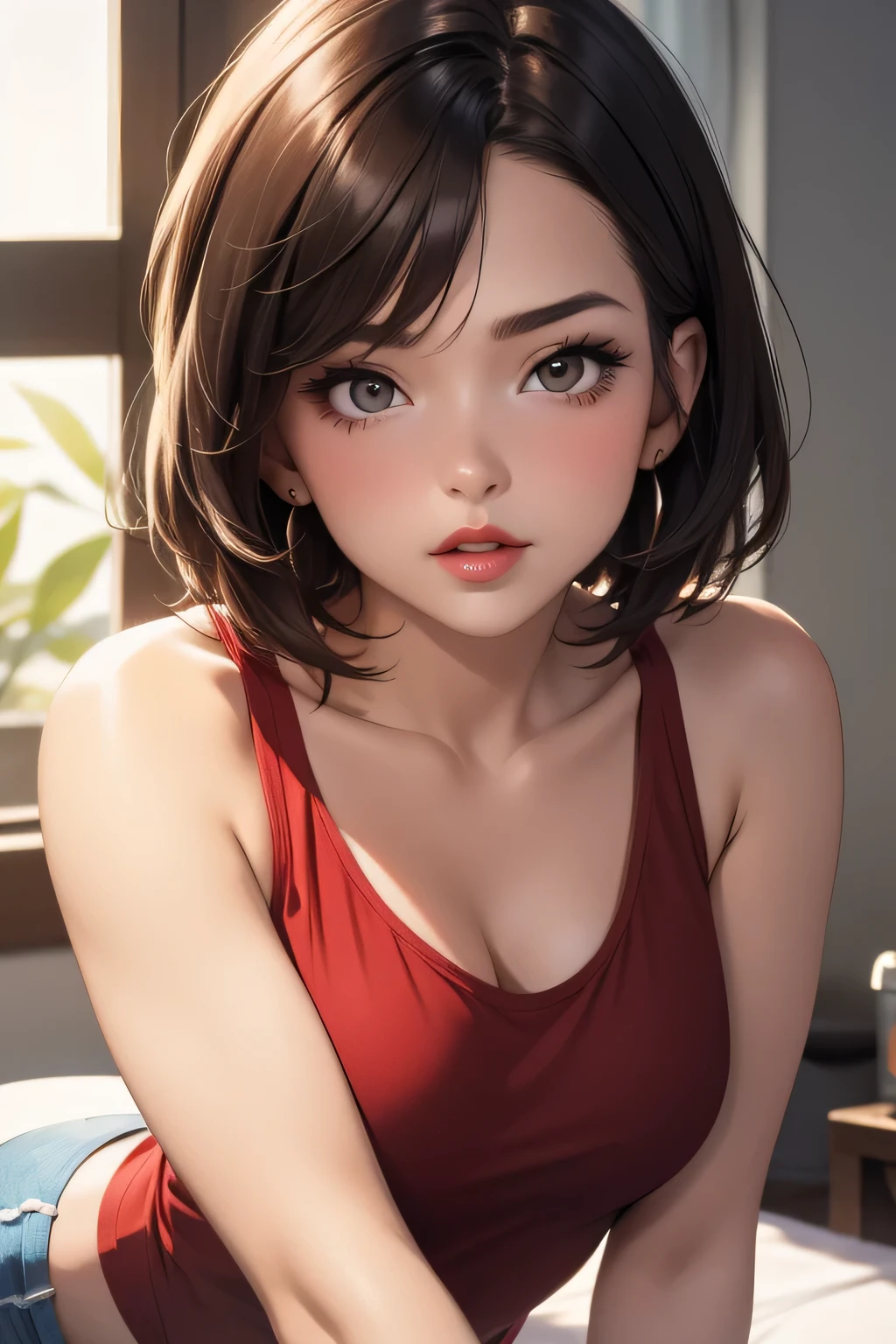 Sexy woman, short brown hair, middle part, lots of makeup, perfect red lips, loose blue tank top, black short shorts