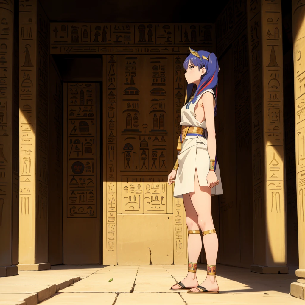 かわいいAncient Egyptの15歳の女の子、Ancient Egypt、View of the Nile、A colorful view of the whole、whole body、Low - Angle、Standing posture、Reeds are growing、Ancient Egyptの船、Ancient Egyptの風景