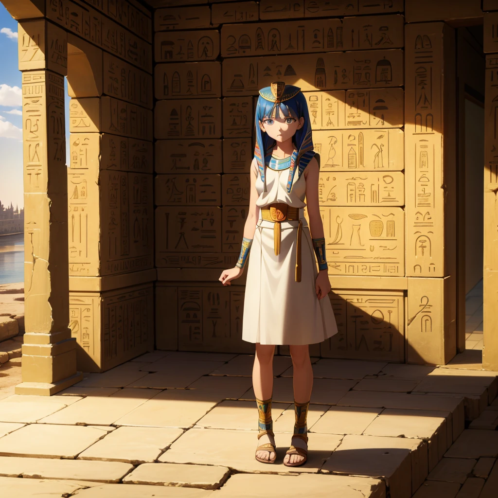 かわいいAncient Egyptの15歳の女の子、Ancient Egypt、View of the Nile、A colorful view of the whole、whole body、Low - Angle、Standing posture、Reeds are growing、Ancient Egyptの船、Ancient Egyptの風景