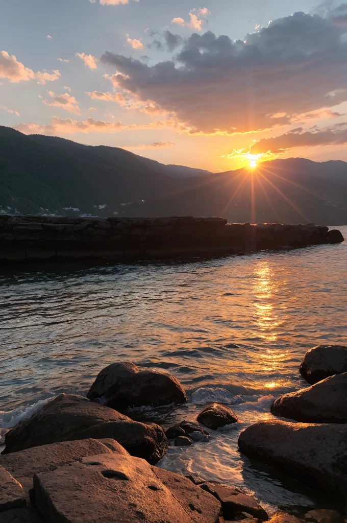 Sunset seen from behind a rock