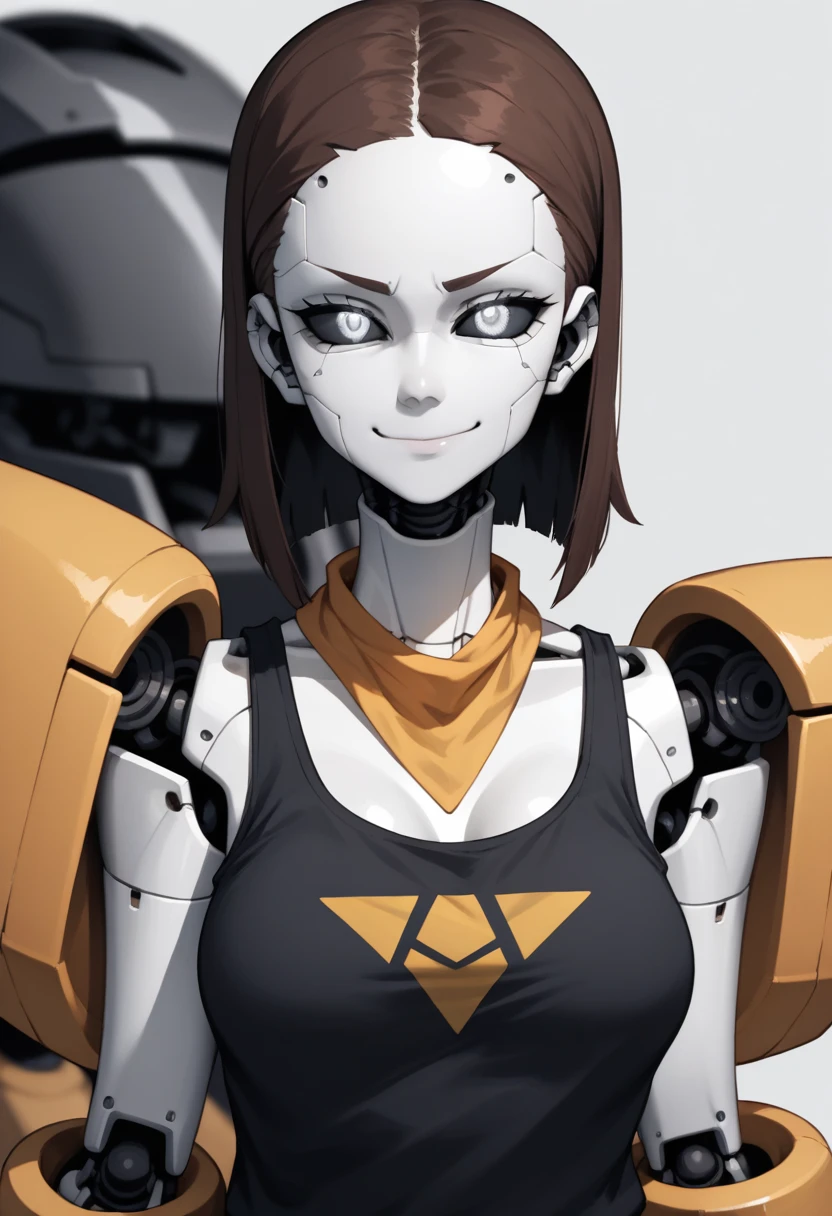 (Anime, 1girl, brown hair, grey eyes, dark punk clothes, black tank top, yellow bandana, portrait, Robot girl, Mecha, Android, joint limbs, robot joints, facial joints, metal pale skin, black sclera, no mouth, glowing eyes, no face, smug face, evil), score_9, score_8_up, score_7_up