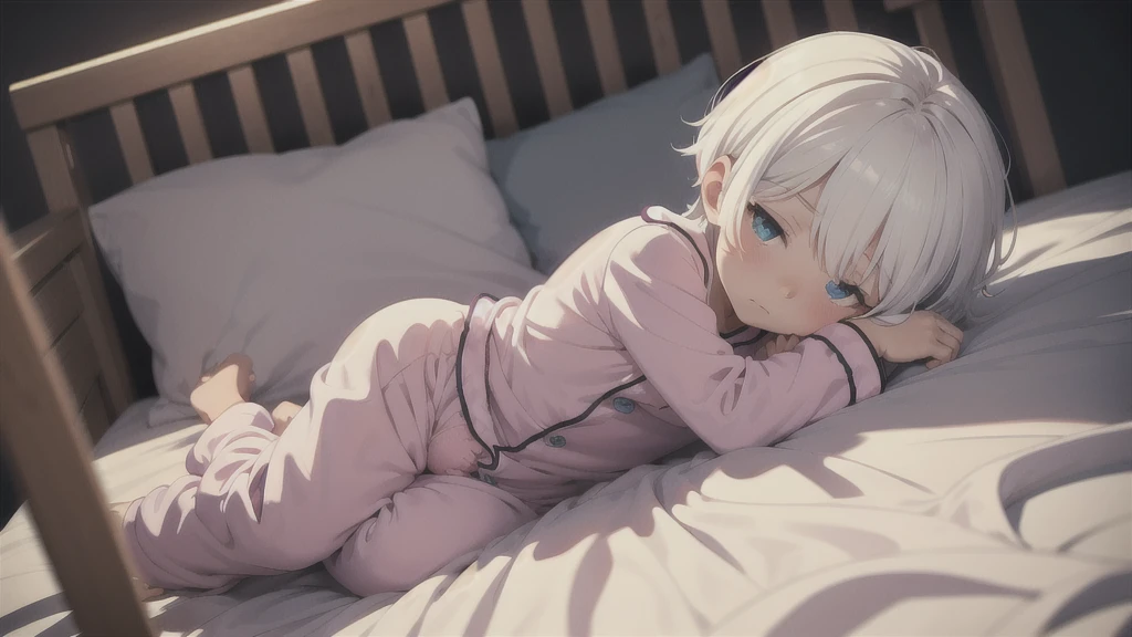 an anime image of a small boy with white hair wearing a thick diaper underneath a onesie pajama sleeping in a crib, masterpiece, extremely detailed, beautiful eyes, sharp focus, vivid colors, studio lighting