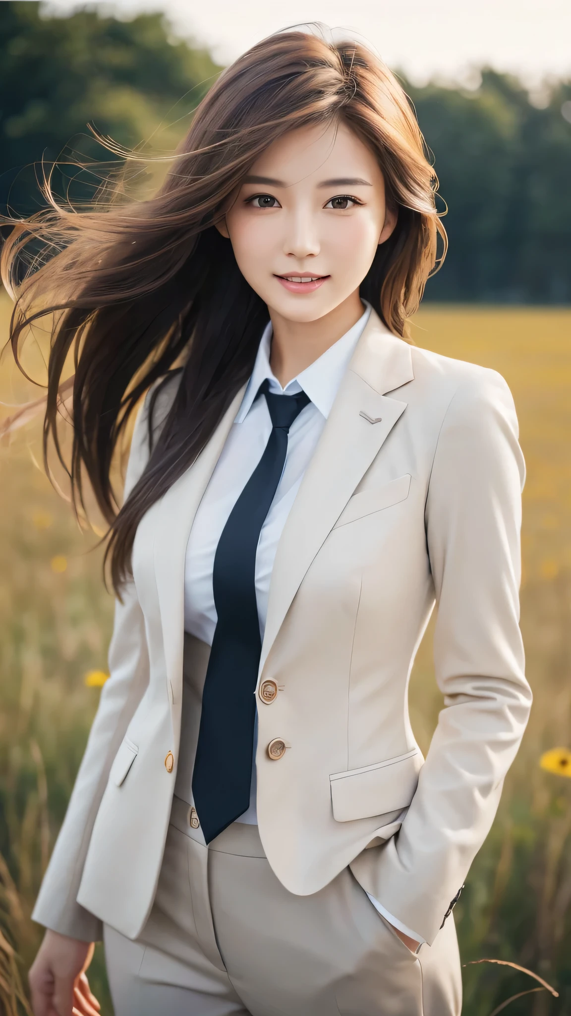 highest quality、genuine、Super detailed、finely、High resolution、8k wallpaper、one beautiful woman、、、light brown disheveled hair、wearing a business suit、sharp focus、perfect dynamic composition、beautiful and detailed eyes、thin hair、Detailed genuine skin texture、smile、model body shape、In a windswept meadow