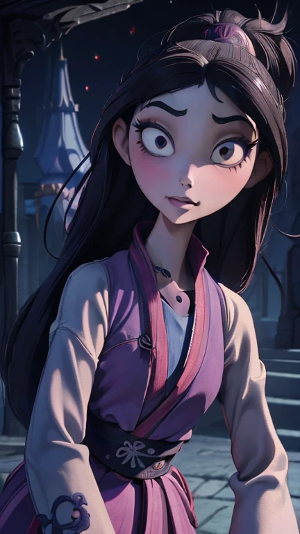 best quality,masterpiece,1girl,solo,(((13years old))),japanese girl,an extremely cute and handsome girl,highly detailed beautiful face and eyes,petit,cute face,lovely face,baby face,shy smile,show teeth, Black hair,long hair,flat chest,skinny,slender,(((wearing a mulan))),(((standing in Dark Midnight gothichorrorai Disneyland))),she is looking at the viewer, TimBurton Animation style,upper body close up 