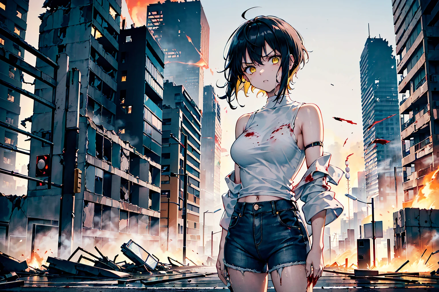 ((1 GIRL)) ((High Resolution)) ((10k,asian girl)), ((Japanese)) (( physically mature female)) (( average sized breasts)), 25-year-old, (( 2d anime girl)), ((short dark-haired)), ((windswept hair)) ((ultra high quality))((flawless))((4k UHD)) ((Best Quality)) ((Daytime)) ((eyes glowing yellow )), wearing a ((black long sleeve shoulderless, blank T-shirt)) wearing ((blue jeans)) and black and yellow sneakers with (((blood splattered))) on it and her face, standing in the street ((facing front and center turned toward the camera)) in a ((ruined city)) filled with ((heavily damaged)) and worn (( tall skyscrapers with gaping holes in their structures while on fire)) and ((crushed vehicles on fire)) ((city in ruins)) and small and ((raging fires all around)) and an ((intimidating)) look on her face.