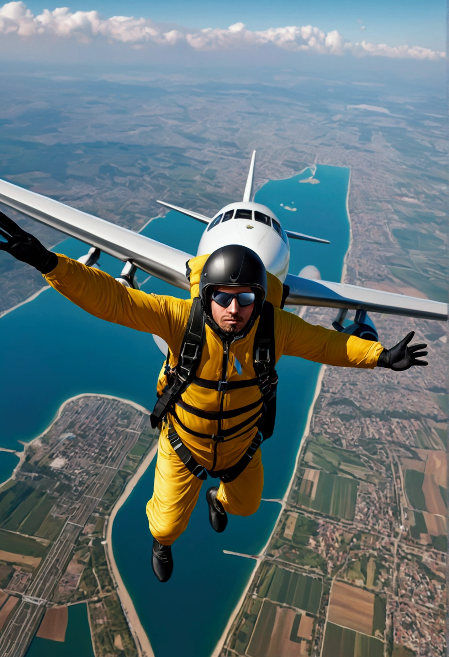 man about to jump from the plane with parachute, views, maximum definition, NIKON, Ultra details, background airplanes