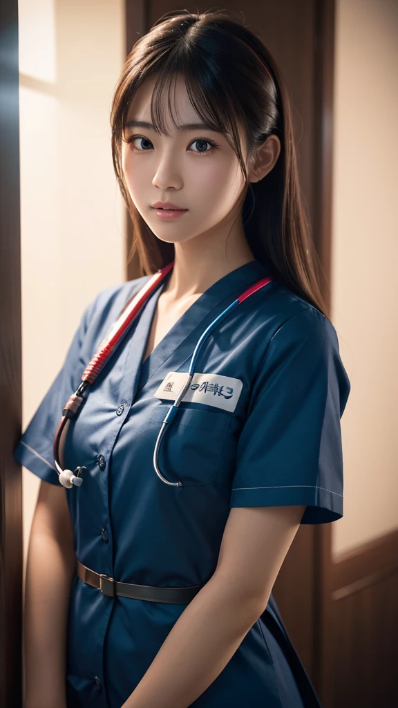 A beautiful young Japanese woman, around 20 years old, wearing a Nurses' Uniforms, ultra-detailed, 8K resolution, highly realistic, cinematic lighting, best quality, masterpiece, photorealistic, physically-based rendering, extremely detailed, vivid colors, professional, sharp focus, studio lighting