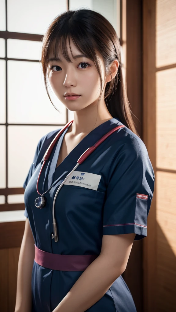 A beautiful young Japanese woman, around 20 years old, wearing a Nurses' Uniforms, ultra-detailed, 8K resolution, highly realistic, cinematic lighting, best quality, masterpiece, photorealistic, physically-based rendering, extremely detailed, vivid colors, professional, sharp focus, studio lighting