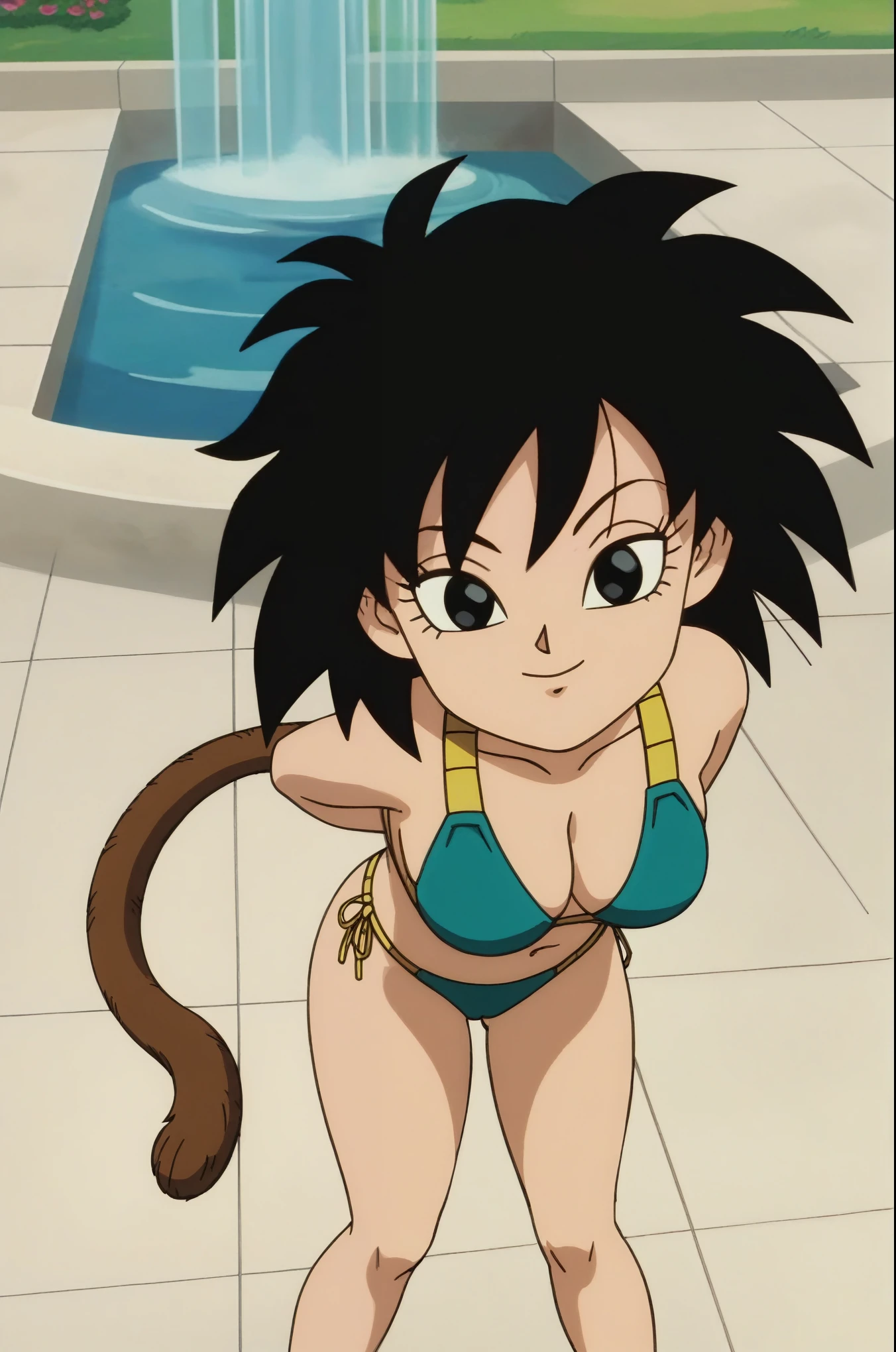 fountain_cheered up, score_9,score_8_above, score_7_above, gineDb, cheered up screencap,
1 girl, Alone, old, looking at the viewer, SMILE, short hair, Detailed nose, medium old, Closed mouth, aboveper body, retro artStyle, 1990s \(Style\), bottom, black eyes, hands above, eyelashes, hands above, half closed eyes, happy, spiky hair, Eyebrows, v-shaped Eyebrows, medium tits, bouncing, medium ass, sexy, tits, Wide hips, bikini sexy, vagina, whole body, monkey's tail
