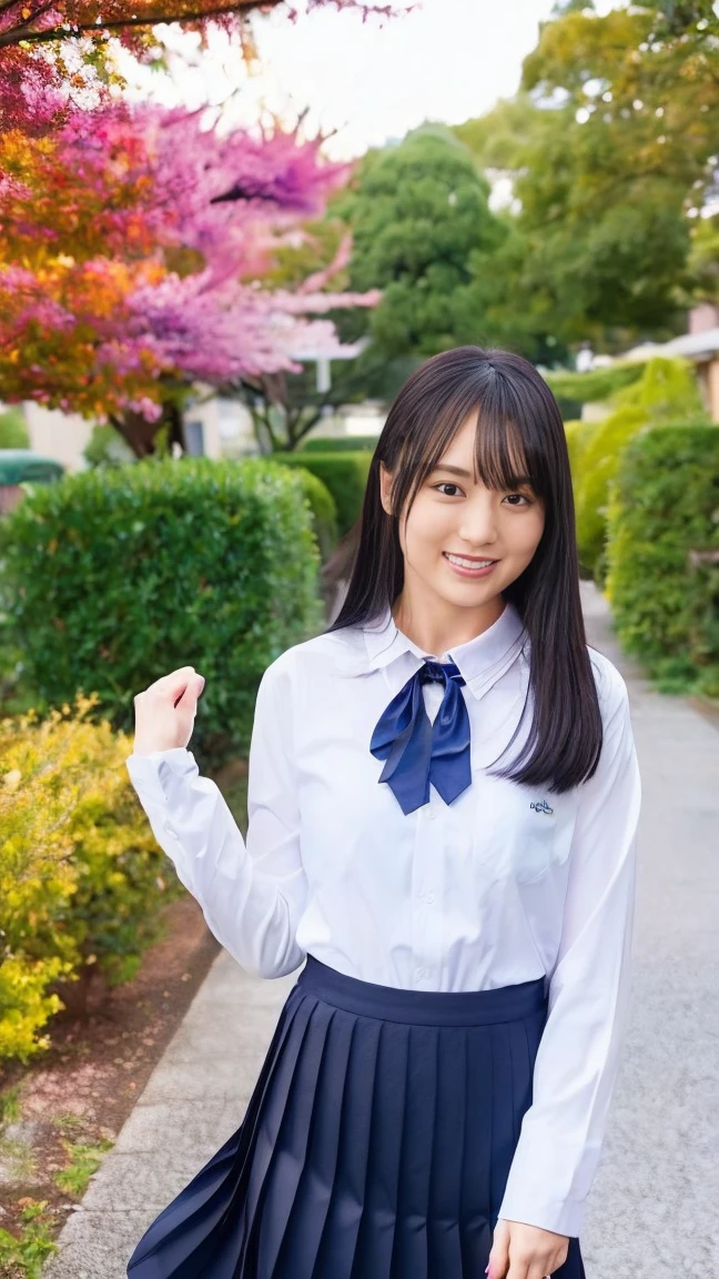((((detailed explanation)))),(((masterpiece、Highest quality、Very detailed:1.42、Focus on the eyes)))、Japanese high school girls posing in the schoolyard in the evening。She is wearing a white shirt and a navy blue pleated skirt..、Wearing a red ribbon tie。The shirt is clean、Ironing is solid。Roll up your shirt sleeves slightly to your elbows、A simple silver bracelet gleams on her wrist..。The skirt of the uniform is above the knee、The pleats on the skirt are neatly arranged。
The model is naturally straight, Shoulder-length black hair.、Bangs should be slightly longer than eyebrows。Her hair is bathed in sunlight、soft and radiant。His face is well-formed.、大きな瞳はShe has a pure and bright look.。Her skin is so white it's almost transparent、A slight flush on the cheeks gives a healthy look.。唇は自然なpink色で、When you laugh, Small dimples appear。
There is a large schoolyard in the background..、You can see rusty iron bars and playground equipment..。The sky is dyed in the sunset、orange、pink、A beautiful purple gradation spreads out.。There is a large cherry blossom tree behind the model..、Leaves swaying in the wind。Weeds growing at my feet.、Give a sense of reality。
The lighting is soft and natural, Gently embrace the model.、Warm colors illuminate her face and uniform..。She has a natural smile、Her left hand is gently lifting the edge of her skirt。Place your right hand on your hip、A relaxed yet confident pose.。Her eyes are on the camera、She has a pure and bright look.。
whole、A fusion of youthful freshness and the calm of the night.、The aim is to create an elegant yet approachable photographic image..。