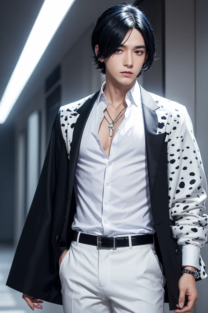 A male character with white and black hair, a bit of a , pointy hair from Roblox, a silver neck chain, a Roblox pendant, a black long-sleeved shirt, a vest and a half of a police officer, half looking to the side, sitting on a black and white Gamer chair