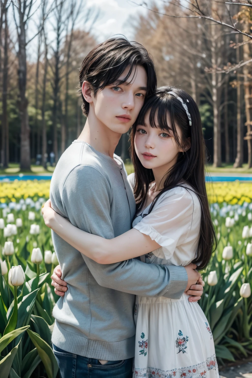 Make a couple hugging. the woman is white, hair is red and long with bangs, She has freckles on her cheeks and white skin. She is wearing a flowery dress, long and green. Man is taller, has black hair and is Korean, he has heterochromia, the eyes are blue and gray. He has snow-white skin and is wearing a smart casual outfit.. The setting is a place full of green and blue tulips.