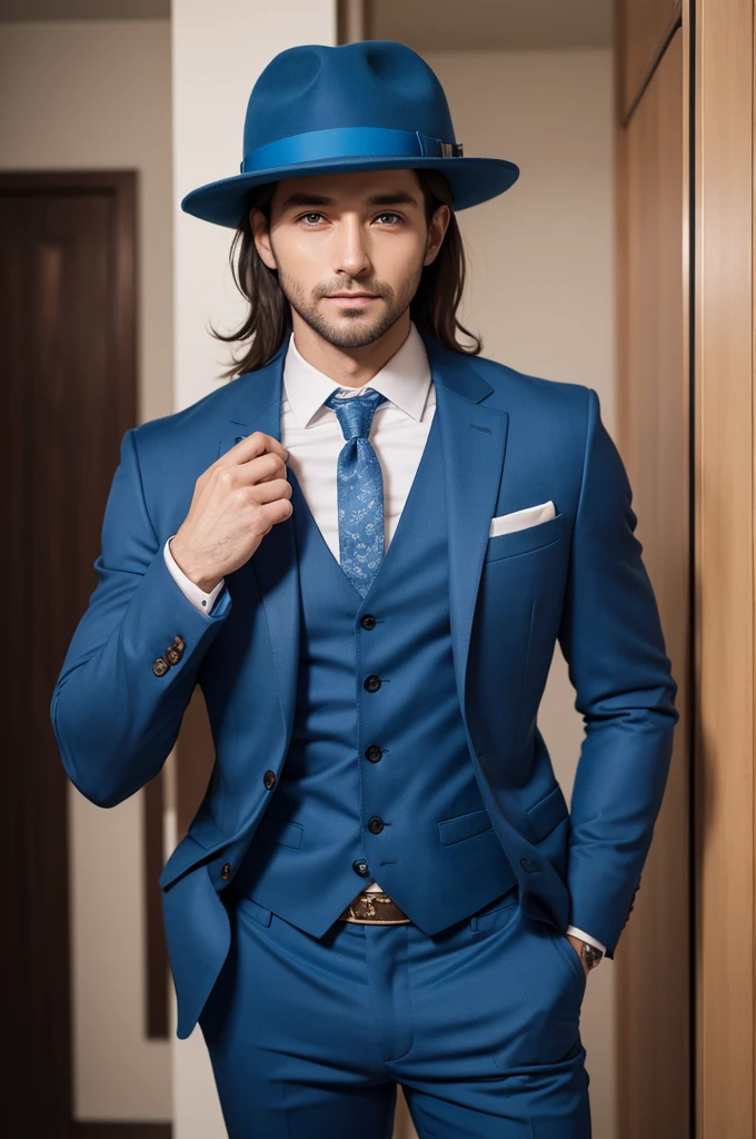 naughty man, 30 years old, blue suit, blue pants, blue hat, brown eyes and hair