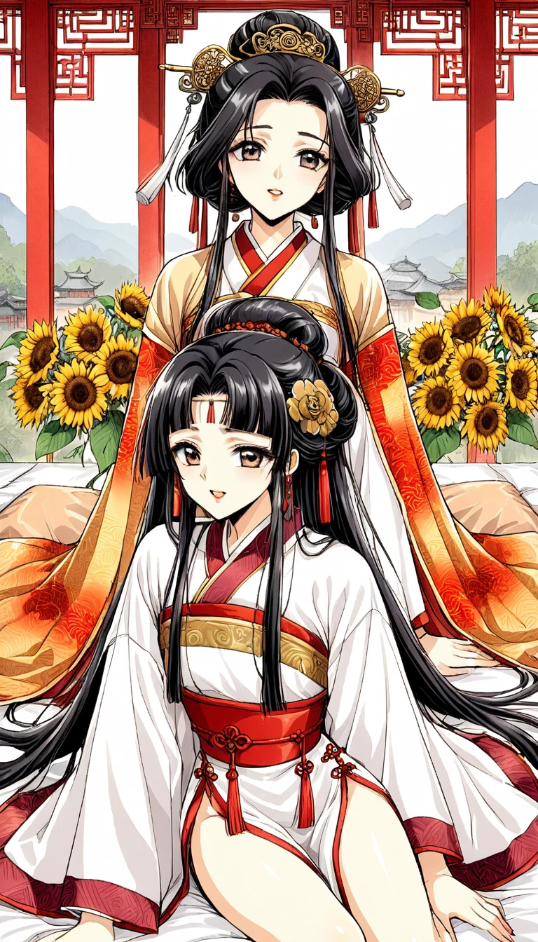 A woman in her fifties wearing a red and white kimono decorated with sunflowers, 古代Chinese Costumeを着て, Hanfu, palace ， a girl in Hanfu, Traditional Chinese clothing, Ancient Chinese Princess, white Hanfu, Tang Dynasty, Wearing a luxurious silk cloak, Traditional Chinese, 古代Chinese Costumeを着て, Chinese Costume, Wearing gorgeous silk clothing, Black-haired Empress of China, Ancient Chinese Beauties　She is made to lie on the futon and fucked in the missionary position