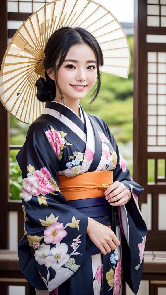 (Super beautiful woman in kimono)、((highest quality、8K masterpiece:1.3))、sharp focus:1.2、(super beautiful face:1.0)、(shiny skin:1.0)、realistic pictures、black hair、video lighting、High resolution eyes and face、video lighting、japanese actress、from the front、with a happy smile、whole body、wearing a kimono、in Kyoto、(luxury obi)、with a fan