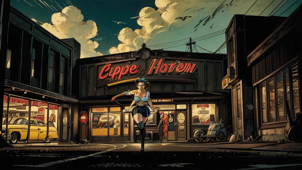 a 1950s female super-hero in an action pose, large breasts, short skirt, narrow waist, wearing tights and a cape, knee-boots, flying through the air with a 1950s small town below, 1950s comic style, popping colors, contrast, detailed realistic cinematic scene, cinematic lighting, dramatic sky with clouds, abandoned vintage car, old-fashioned buildings, neon signs, 1950s era atmosphere, vibrant colors, hyper-realistic, 8k, ultra-detailed