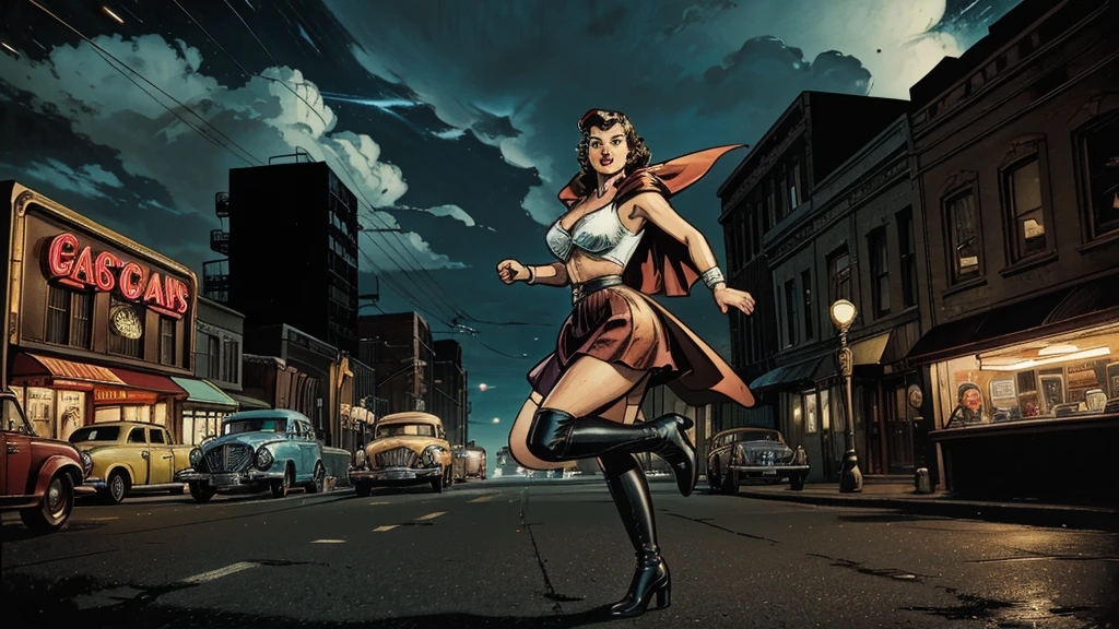 a 1950s female super-hero in an action pose, large breasts, short skirt, narrow waist, wearing tights and a cape, knee-boots, flying through the air with a 1950s small town below, 1950s comic style, popping colors, contrast, detailed realistic cinematic scene, cinematic lighting, dramatic sky with clouds, abandoned vintage car, old-fashioned buildings, neon signs, 1950s era atmosphere, vibrant colors, hyper-realistic, 8k, ultra-detailed