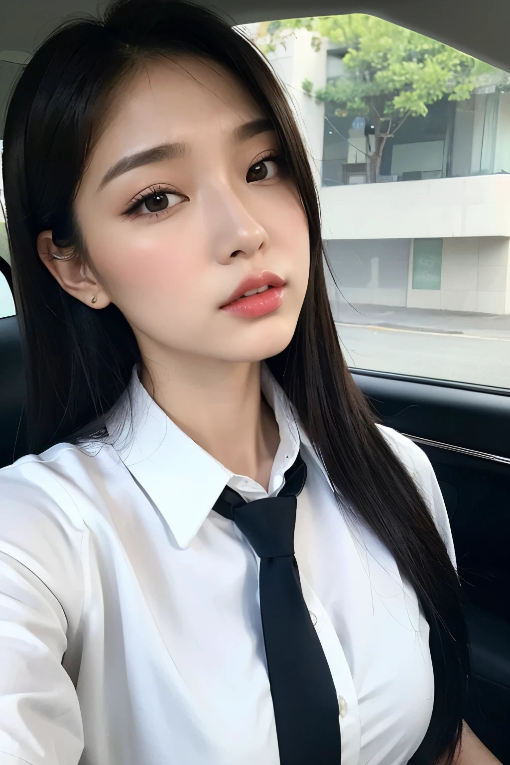 (Realistic, High Resolution: 1.3), 1 Girl with Perfect Body, H1-KEY HWISEO, 42 years old, ((h1-key hwiseo)), Create a picture of a young woman with black bob hair。She was sitting in the car、White shirt and black tie、And she's wearing a grey cardigan。She smiles sweetly、The seat belt is visible in front of your chest.。The interior of the car can be seen in the background。