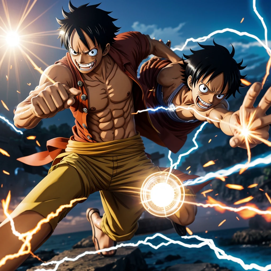 
Luffy (Anime One piece) in gear mode 5, Very detailed body and face, hitting pose with flashes of black lightning in the area of his hands, very detailed on the hands, shining white light background (gaya anime), below it says &#39;RED ROCK&#39; in bold style and in red, high quality, high resolution, reaolusi uhd,