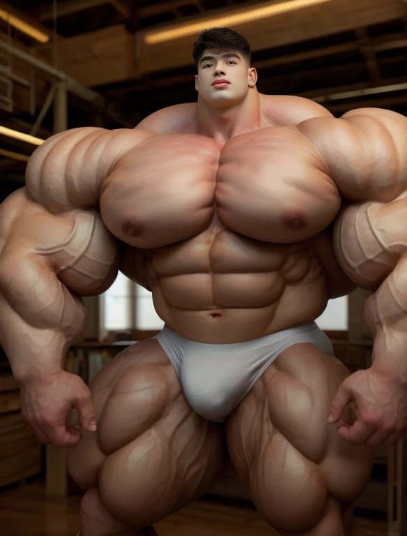 1boy, giant, asian, giant bodybuilder, illuminating light, strong body, bulk, large size, standing, armpit, in whiet photo studio, indoor, nude, white triangular underwear, thick bulge, extraordinary big, brutalmass, giant muscular body, bulk, buff, massive body, large meaty body size, extremely wide body, hairy body