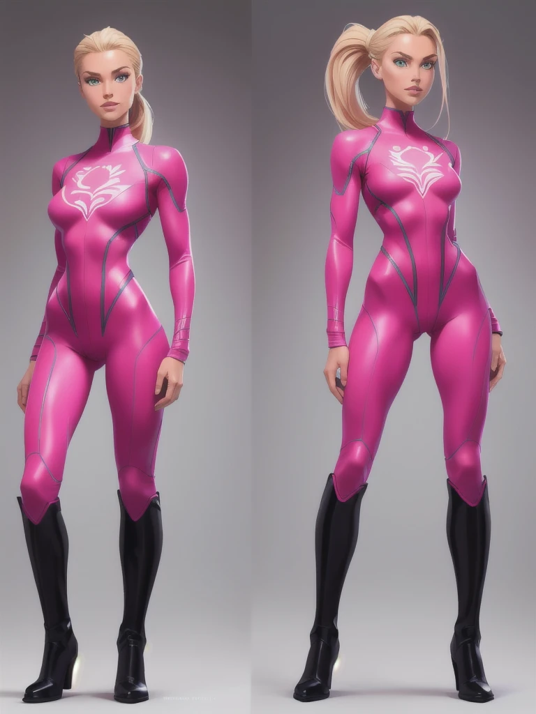 ((best quality)), ((4k)), ((highres)), ((masterpiece:1.2)). ((detailed)), ((ultra realistic)), ((intricate details)), ((full body picture)), ((character design sheet)), ((blank background)), ((standing in a blank background)), full body shot of a beautiful european female, blond beauty, about 21 years old, rosy white skin, red lips, smile on her face, happy expression on her face, about 5'6 ft. tall, perfect face, gorgeous face, blond hair, vivid green eyes, detailed lips, detailed eyes, long ponytail, athletic body, dressed in a skin-tight dark pink bodysuit ((emphasis on her skin-tight dark pink bodysuit)), black boots, ((black boots)), superhero character concept art, lean body frame.