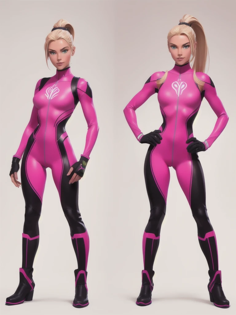 ((best quality)), ((4k)), ((highres)), ((masterpiece:1.2)). ((detailed)), ((ultra realistic)), ((intricate details)), ((full body picture)), ((character design sheet)), ((blank background)), ((standing in a blank background)), full body shot of a beautiful european female, blond beauty, about 21 years old, rosy white skin, red lips, bright smile on her face, about 5'6 ft. tall, perfect face, gorgeous face, blond hair, vivid green eyes, detailed lips, detailed eyes, long ponytail, athletic body, dressed in a skin-tight dark pink bodysuit ((emphasis on her skin-tight dark pink bodysuit)), black boots, ((black boots)), superhero character concept art, lean body frame.