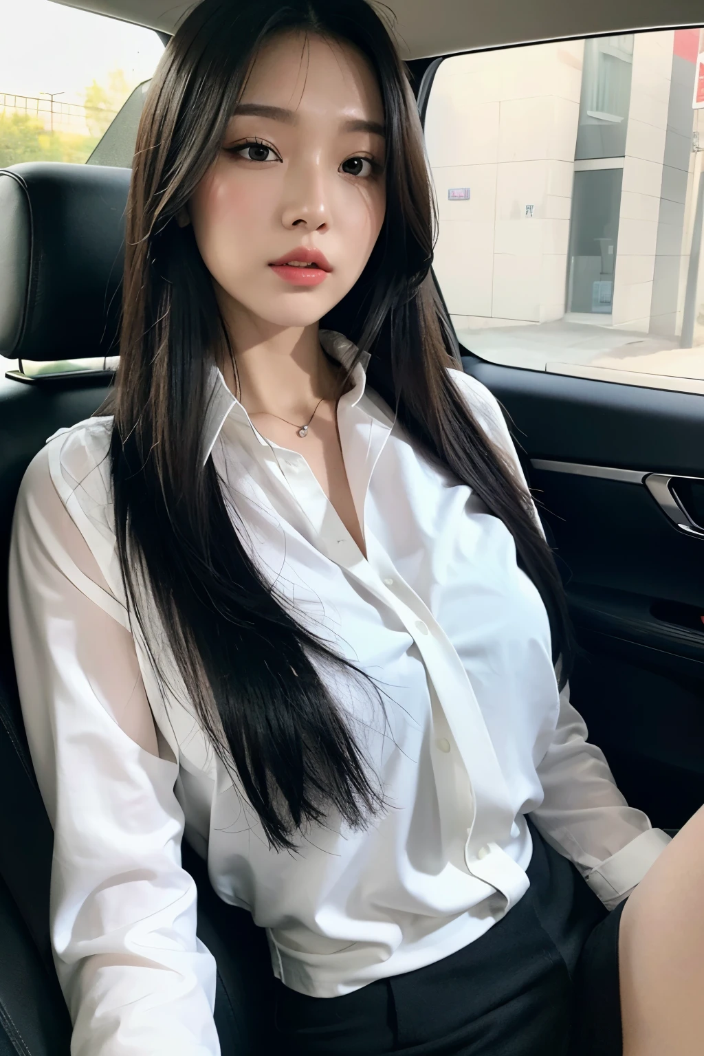 (Realistic, High Resolution: 1.3), 1 Girl with Perfect Body, H1-KEY HWISEO, 42 years old, ((h1-key hwiseo)), Create a picture of a young woman with black bob hair。She was sitting in the car、White shirt and black tie、And she&#39;s wearing a grey cardigan。She smiles sweetly、The seat belt is visible in front of your chest.。The interior of the car can be seen in the background。