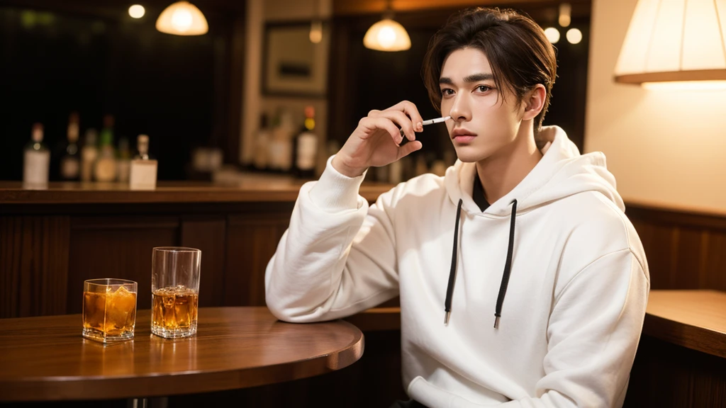 masterpiece, highest quality, (solo focus), (perfect face:1.1), (high detail:1.1), (hyper detailed eyes), dramatic, 1guy, (pale skin), short brown hair, (thick eyebrows), solo, short hair, night, white hoodie and white shirt, black jacket, detailed background, cinematic lighting, japanese male, muscular, black jeans, black sneakers, handsome man, handsome face, sad blank face, drunk, holding a glass of whiskey (on the right hand), looking forward, holding a revolver Nambu Model 60 (on the left hand), sitting on the sofa, serious face, depressed stare, tired look,
