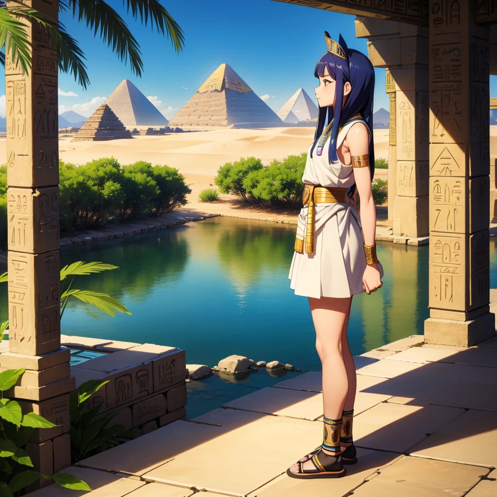 かわいいAncient Egyptの15歳の女の子、Ancient Egypt、View of the Nile、A colorful view of the whole、whole body、Low - Angle、Standing posture、Reeds are growing、Ancient Egyptの船、Ancient Egyptの風景
