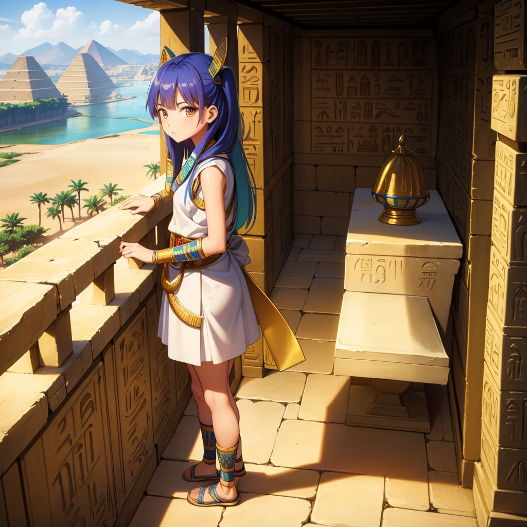 かわいいAncient Egyptの15歳の女の子、Ancient Egypt、View of the Nile、A colorful view of the whole、whole body、Low - Angle、Standing posture、Reeds are growing、Ancient Egyptの船、Ancient Egyptの風景