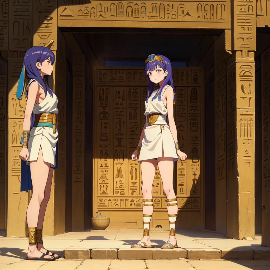 かわいいAncient Egyptの15歳の女の子、Ancient Egypt、View of the Nile、A colorful view of the whole、whole body、Low - Angle、Standing posture、Reeds are growing、Ancient Egyptの船、Ancient Egyptの風景